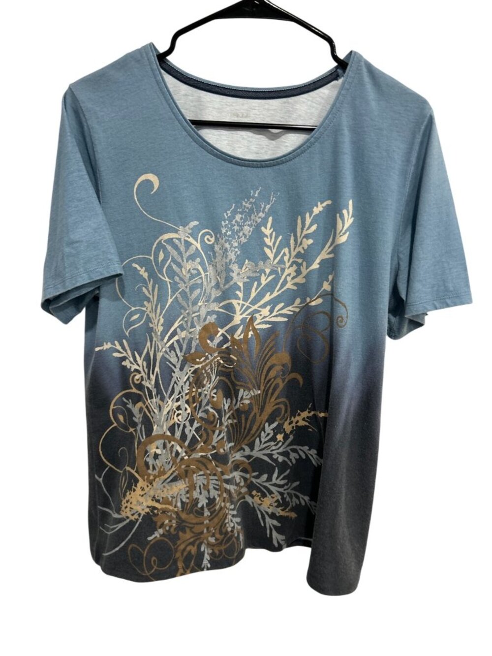 Alia Blue Black Gradient Metallic Floral Cotton Blend T-Shirt Size L Boho Glam